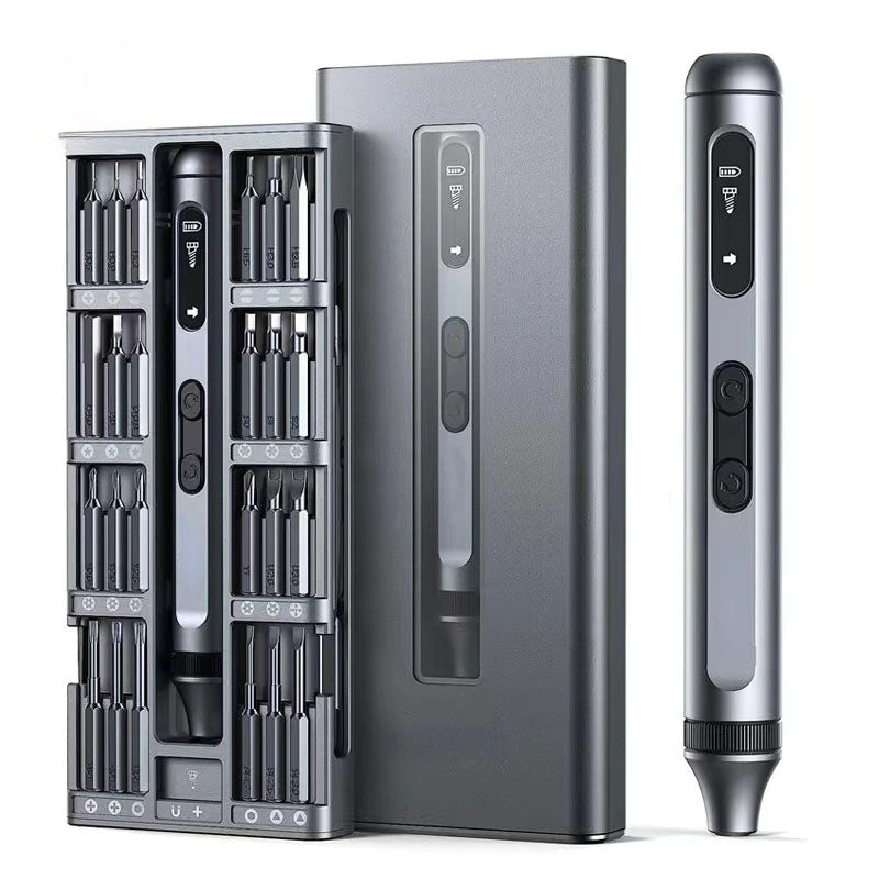 Smart Electrical Precision Screwdriver Set with digital display and interchangeable bits in a case on a white background