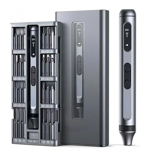 Smart Electrical Precision Screwdriver Set with digital display and interchangeable bits in a case on a white background