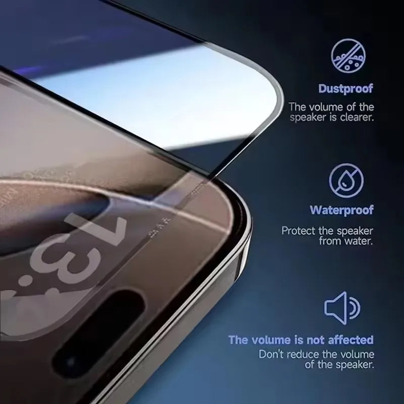 Smartphone screen with protective glass film on a dark background, featuring text about dustproof and waterproof properties.