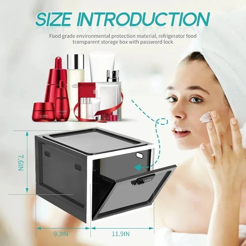 Transparent fridge lock box with dimensions and a woman applying skincare product.