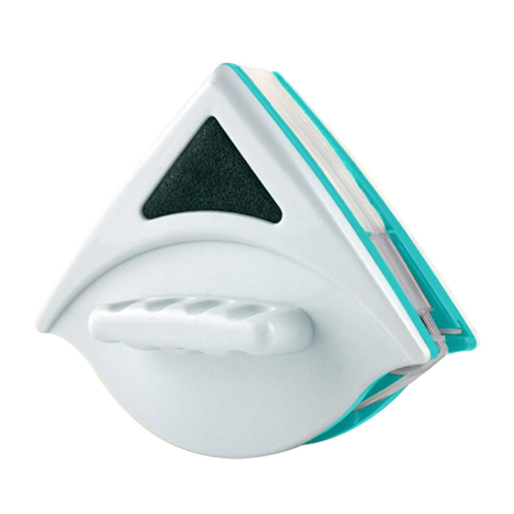 Triangle-shaped magnetic window cleaning tool with a white base and teal sides on a white background
