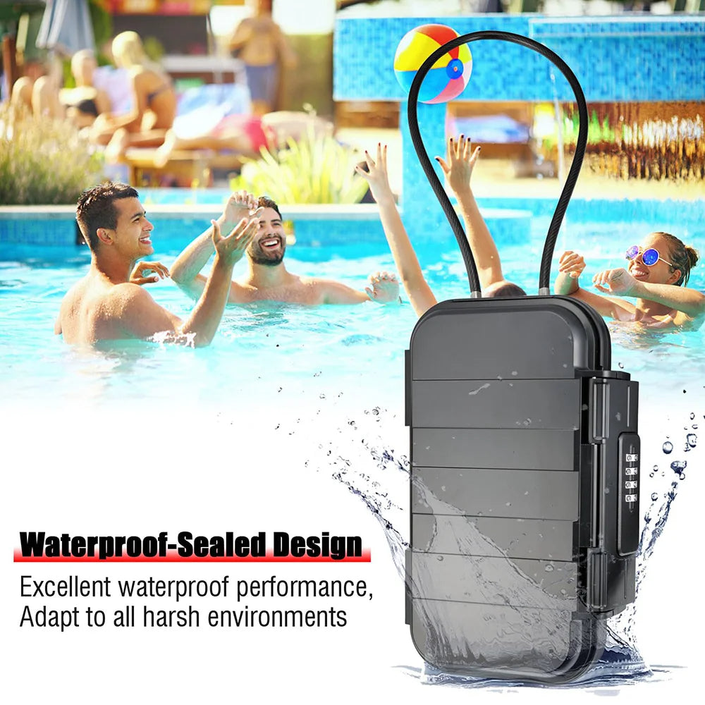 Waterproof-sealed Portable Safe Lockbox with people playing in a pool in the background