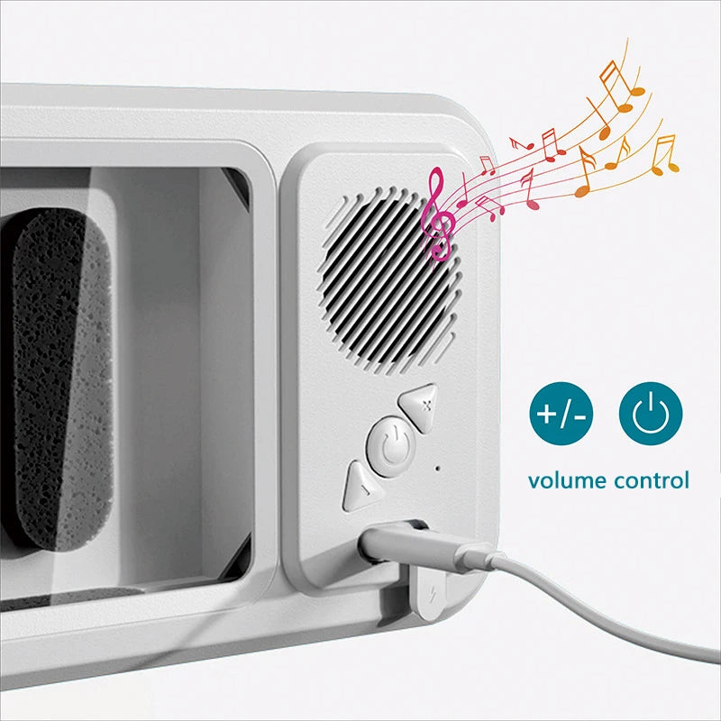 White shower phone holder with a speaker and volume control buttons, featuring musical notes.