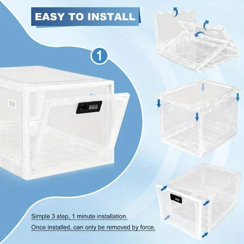White storage box with installation instructions on a blue background