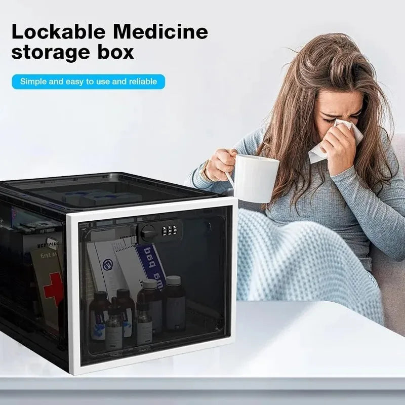 Woman with a cold next to a lockable medicine storage box