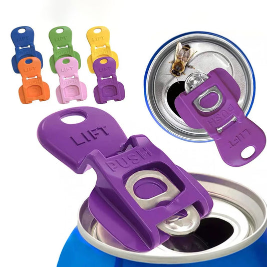 Purple can opener with push and lift labels, shown on a can, with additional colorful can openers in the background.