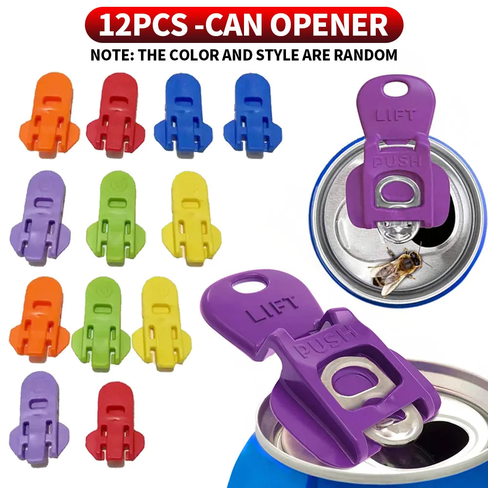 Set of colorful can openers with a close-up of one in use on a white background.