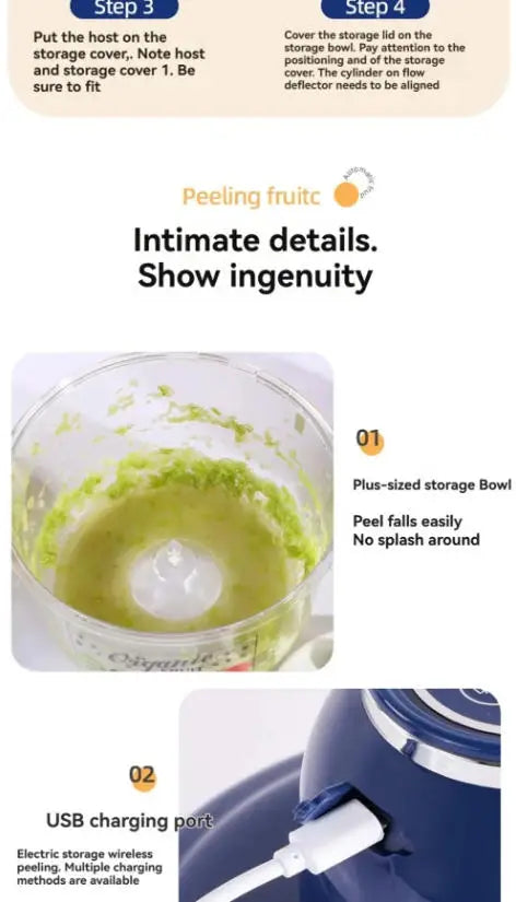 Images of an automatic fruit peeler and USB charging cable.