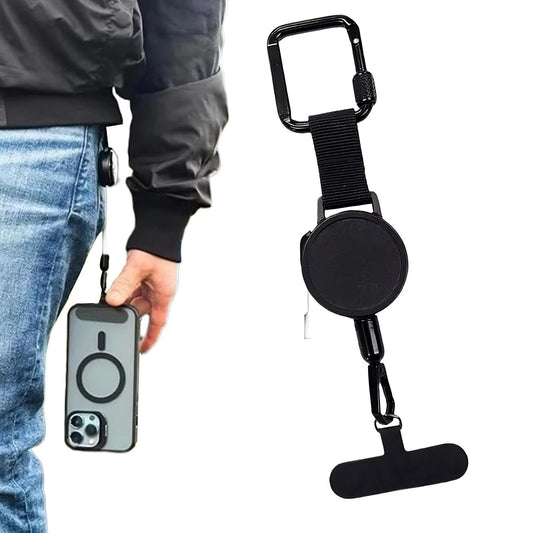 Black phone lanyard with carabiner held by a person, on a white background