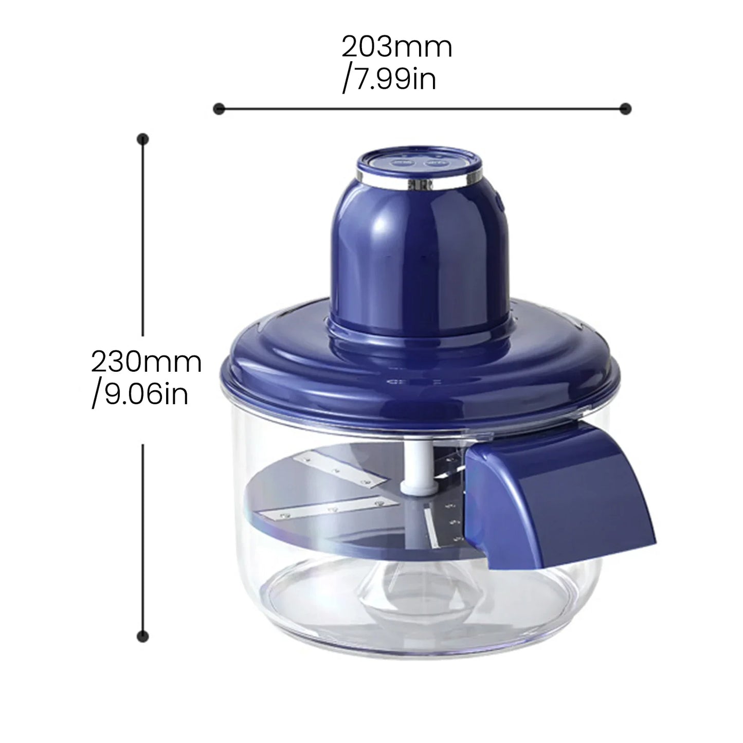Blue automatic fruit peeler with measurements on a white background