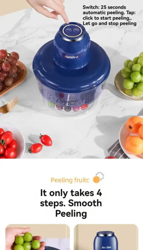 Blue fruit peeler with fruits on a table