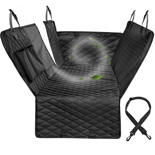 Black car seat cover with quilted design and straps on a white background