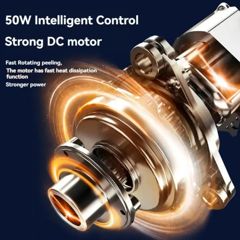 Close-up of a strong DC motor with text highlighting features on a dark background
