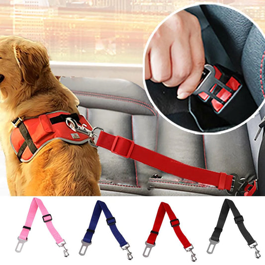 Dog harness with seat belt clip and color options displayed.