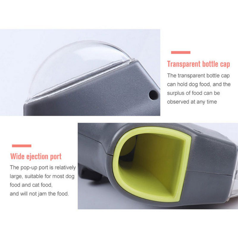 Dog treat launcher with transparent bottle cap and wide ejection port on a white background.