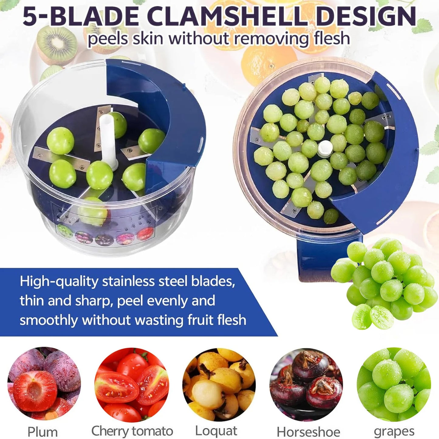 Fruit peeler with grapes and text highlighting features on a white background