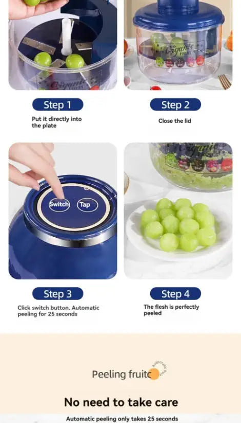 Step-by-step guide on using a fruit peeling device with images and text.