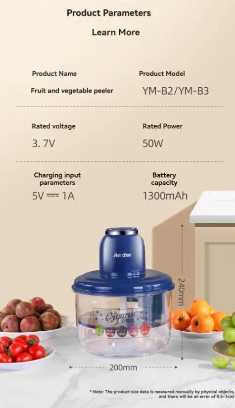 Fruit and vegetable peeler with specifications on a neutral background