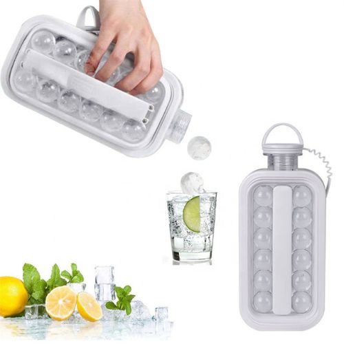 Ice cube tray with a hand placing ice cubes into a glass, surrounded by lemons and mint leaves.