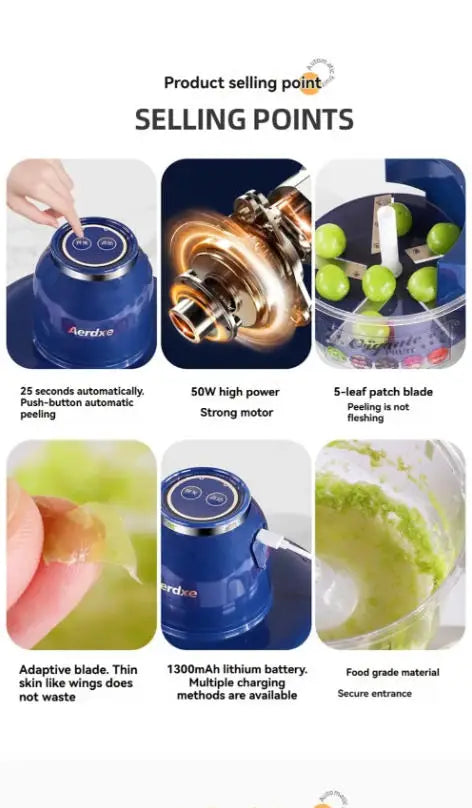 Product features of a kitchen automatic fruit peeler tool with text highlighting selling points on a white background.
