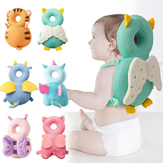 Baby with a green Newborn Protection Pillow and various colorful animal-shaped variations