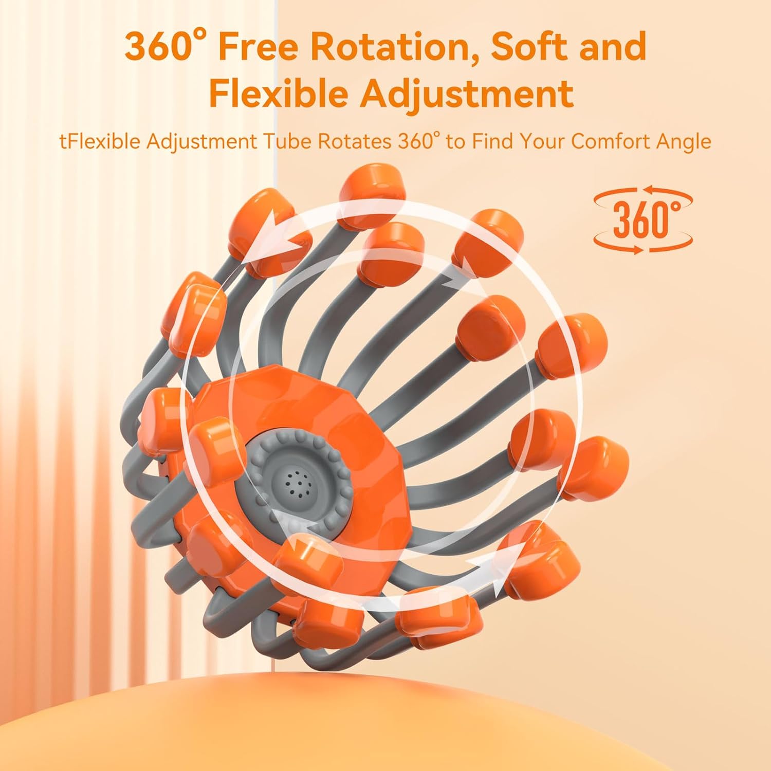 Orange and gray flexible adjustment massage device with text on a beige background