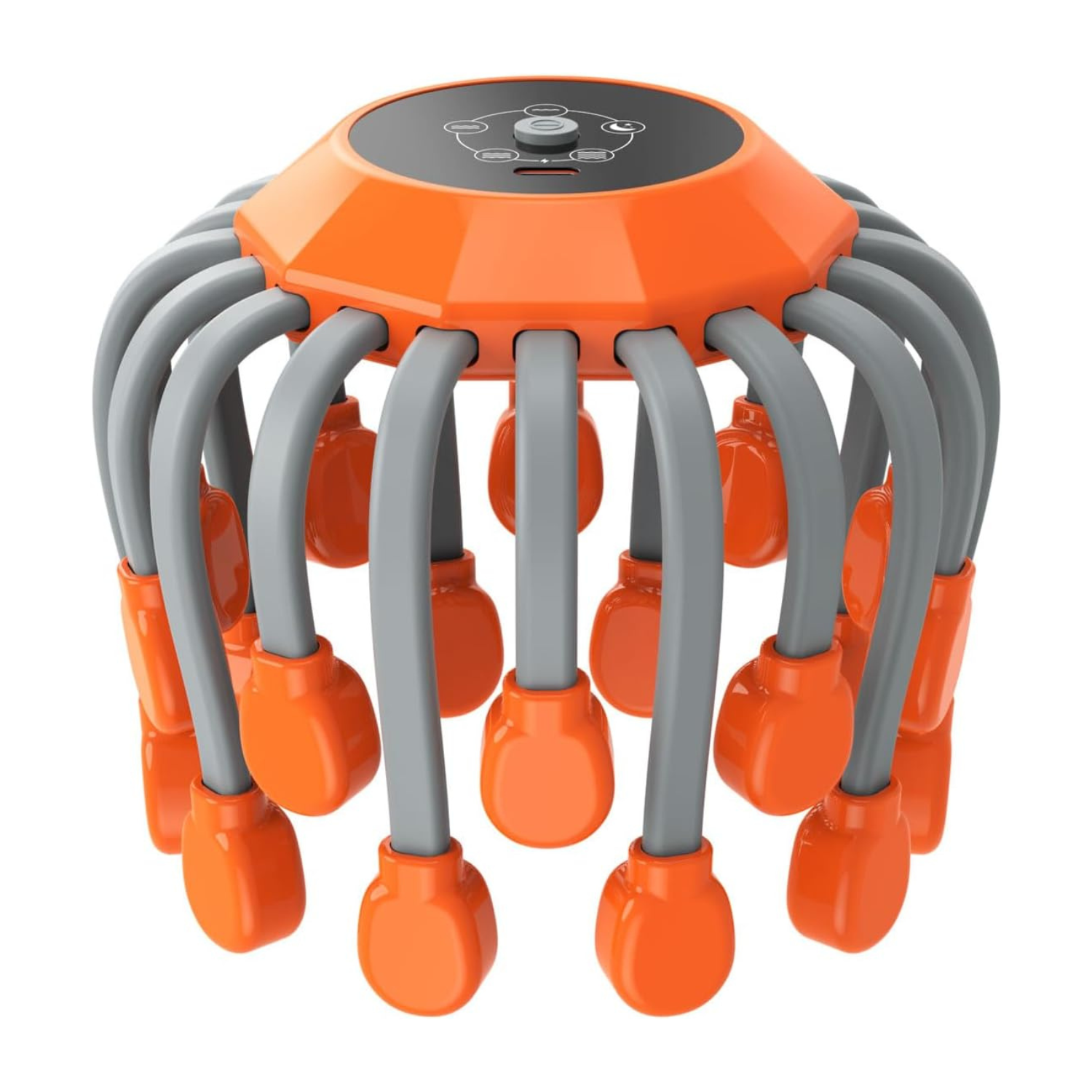 Orange and gray head massager device for migraine relief with multiple flexible arms on a white background