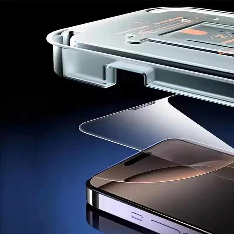 Phone case and screen protector on a reflective surface with a dark background