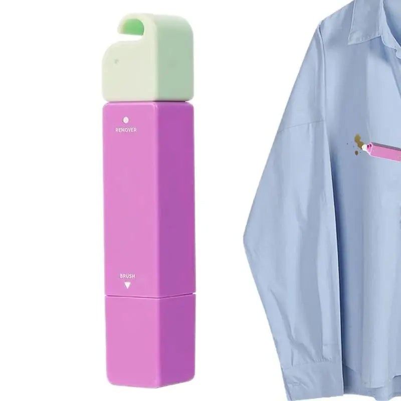 Purple and green travel stain remover pen next to a light blue about how to use it.