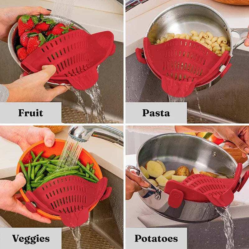 Collage of a red kitchen tool being used to wash fruits, pasta, vegetables, and potatoes.