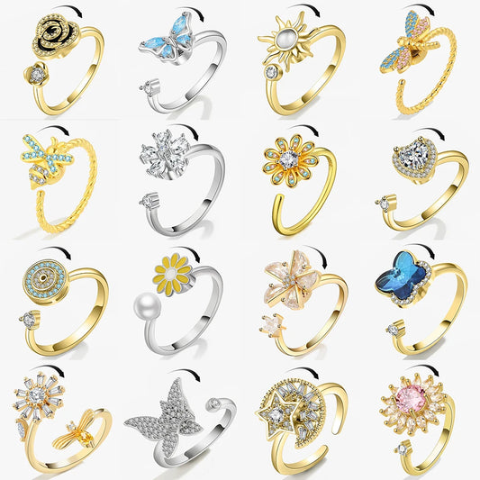 Collection of various Ring Against Anxiety with different designs on a white background