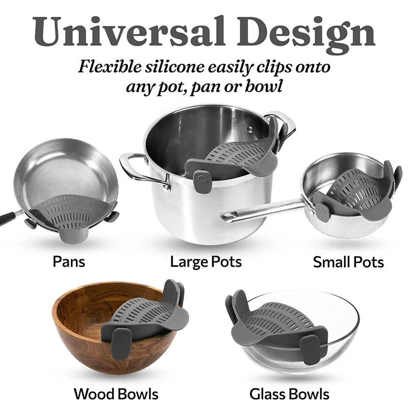 Silicone clips on various types of pots, pans, and bowls with text 'Universal Design' and 'Flexible silicone easily clips onto any pot, pan or bowl'.