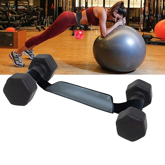 Person exercising with a stability ball and dumbbells in a gym setting, with a close-up of a black resistance band and dumbbells.