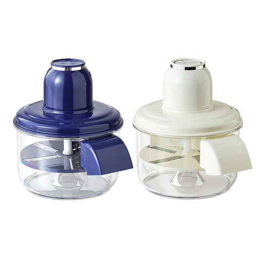 Two Automatic Fruit Peeler Machines, one blue and one white, on a white background