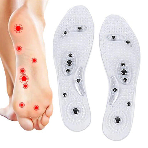White foot insoles with acupuncture points on a foot with red circles indicating pressure points.