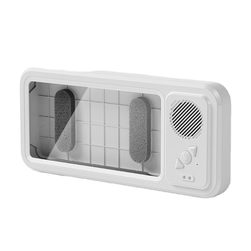 White shower phone holder device with a transparent panel on a white background