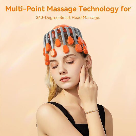 Woman wearing a head massager with text about multi-point massage technology on a beige background